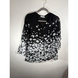 Calvin Klein Black White Medium Floral Sheer Lined Woman’s Bell Sleeve Blouse